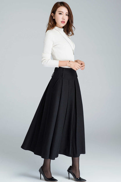 Black Wool Maxi Skirt - Pleated A-Line with Side Pockets 1631