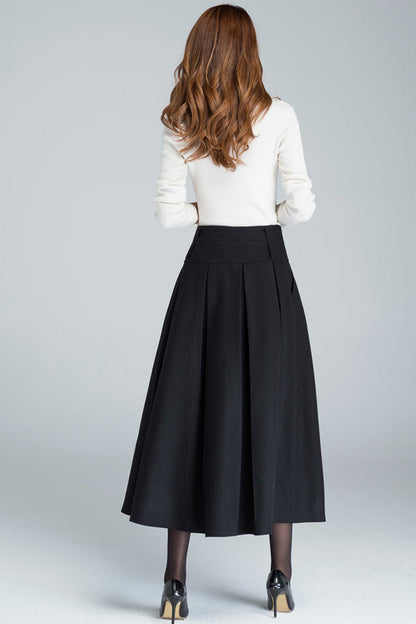 Black Wool Maxi Skirt - Pleated A-Line with Side Pockets 1631