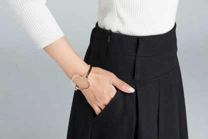 Black Wool Maxi Skirt - Pleated A-Line with Side Pockets 1631