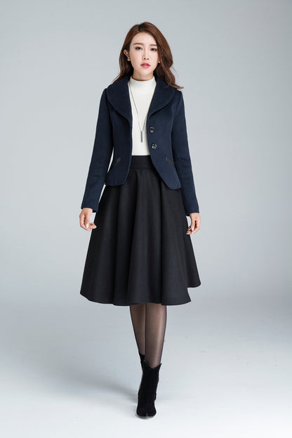 Dark Blue Wool Short Coat - Single Breasted Pockets | Xiaolizi 1634