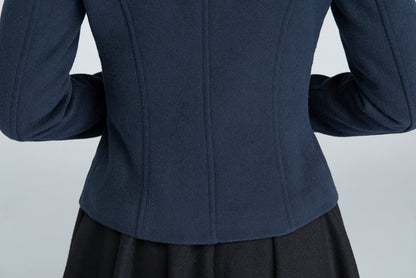 Dark Blue Wool Short Coat - Single Breasted Pockets | Xiaolizi 1634