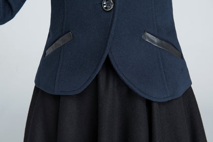 Dark Blue Wool Short Coat - Single Breasted Pockets | Xiaolizi 1634