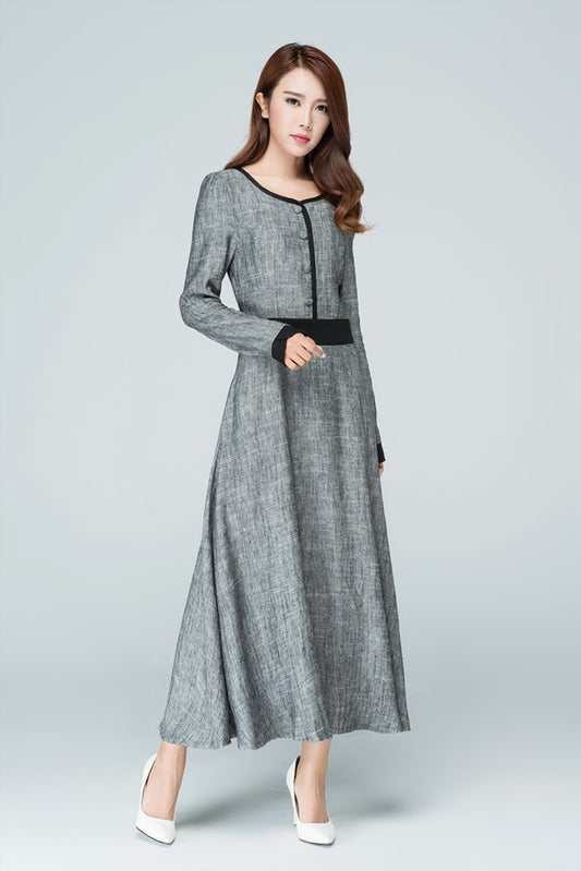grey dress,linen dress,maxi dress 1578