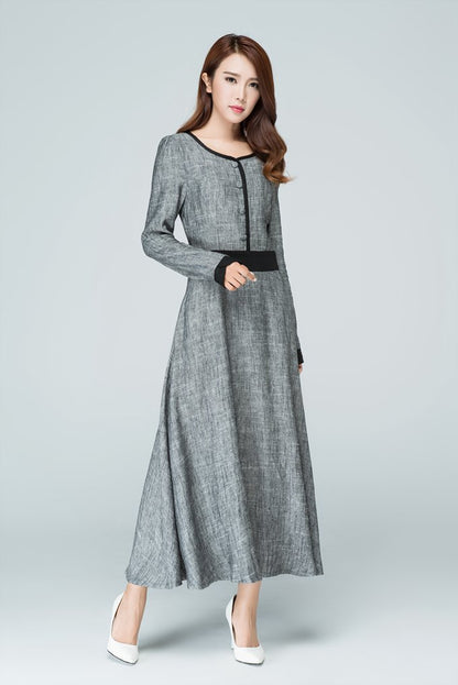 Grey Linen Maxi Dress - Elegant Long Sleeve, Side Zipper 1578