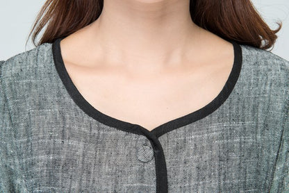 Grey Linen Maxi Dress - Elegant Long Sleeve, Side Zipper 1578