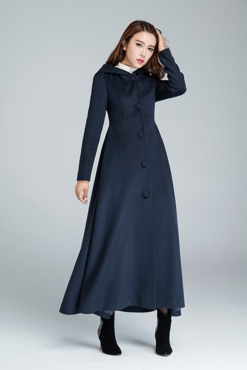 Long Navy Blue Wool Coat 1637#