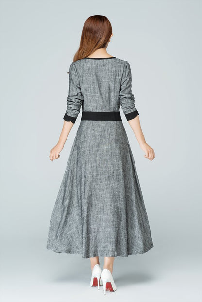 Grey Linen Maxi Dress - Elegant Long Sleeve, Side Zipper 1578