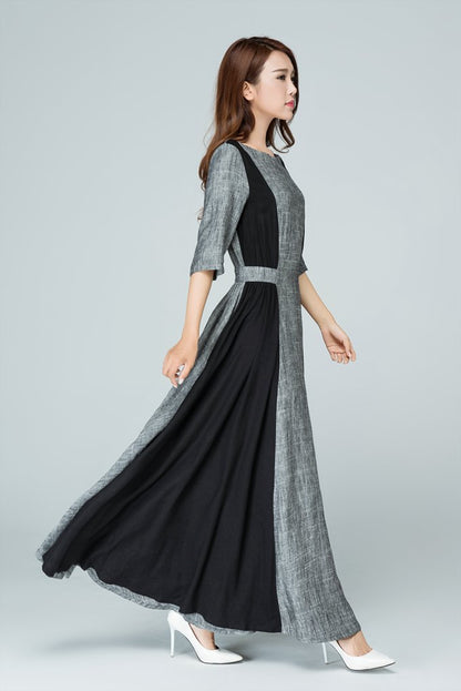 Gray & Black Linen Maxi Dress - Fitted Waist Half Sleeve 1579