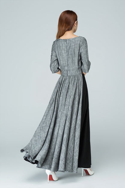 Gray & Black Linen Maxi Dress - Fitted Waist Half Sleeve 1579
