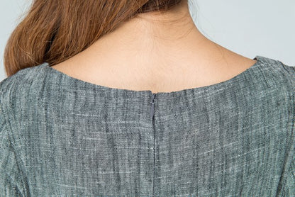Gray & Black Linen Maxi Dress - Fitted Waist Half Sleeve 1579