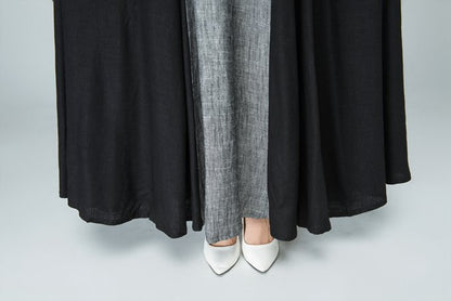 Gray & Black Linen Maxi Dress - Fitted Waist Half Sleeve 1579