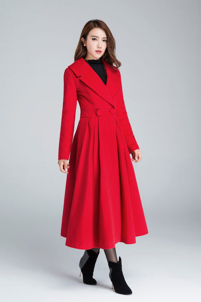 Vintage Red Wool Blend Coat – Princess Pleated Long Winter Overcoat | Xiaolizi 1640