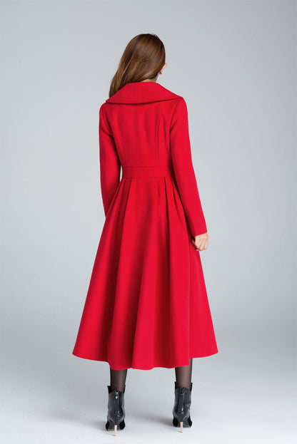 Vintage Red Wool Blend Coat – Princess Pleated Long Winter Overcoat | Xiaolizi 1640
