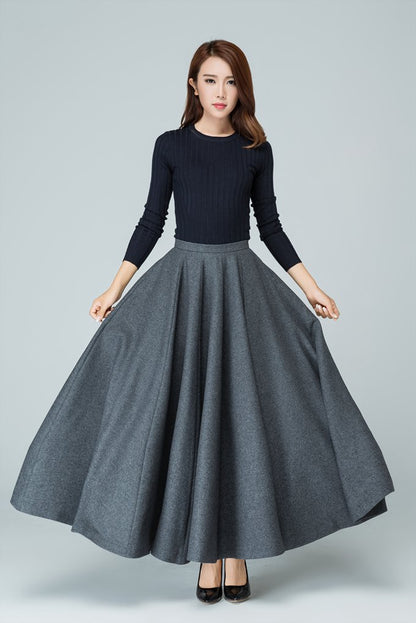 Grey Wool Blend Maxi Circle Skirt - Pleated A-Line | Xiaolizi 1586