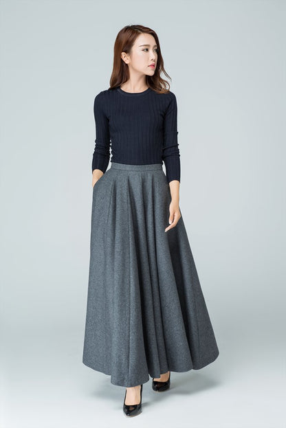 Grey Wool Blend Maxi Circle Skirt - Pleated A-Line | Xiaolizi 1586
