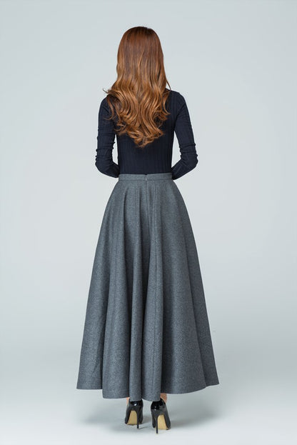 Grey Wool Blend Maxi Circle Skirt - Pleated A-Line | Xiaolizi 1586