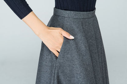 Grey Wool Blend Maxi Circle Skirt - Pleated A-Line | Xiaolizi 1586