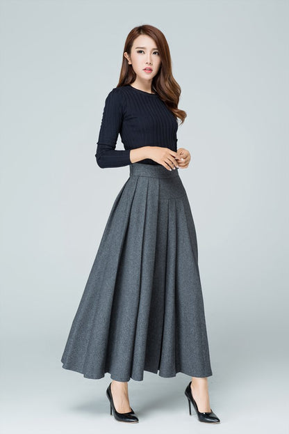 Grey Wool Blend Maxi Skirt – Handmade High Waist Pleated Winter Elegance 1587