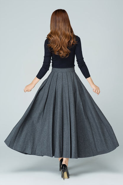Grey Wool Blend Maxi Skirt – Handmade High Waist Pleated Winter Elegance 1587