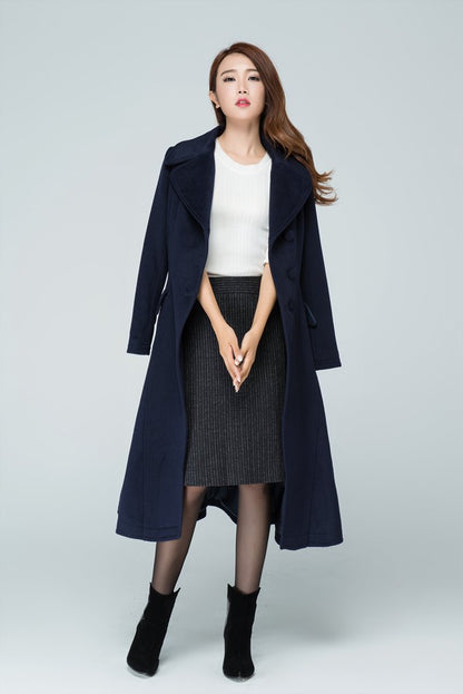 Xiaolizi Navy Fit and Flare Wool Coat for Women – Handmade High-Waist Vintage Winter Coat 1597