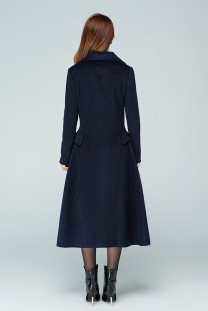 Xiaolizi Navy Fit and Flare Wool Coat for Women – Handmade High-Waist Vintage Winter Coat 1597