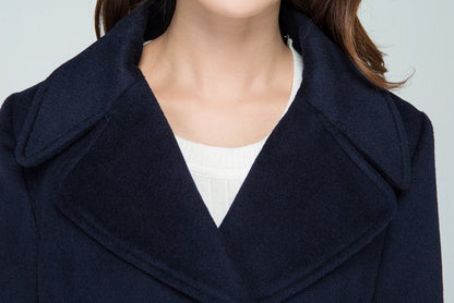 Xiaolizi Navy Fit and Flare Wool Coat for Women – Handmade High-Waist Vintage Winter Coat 1597