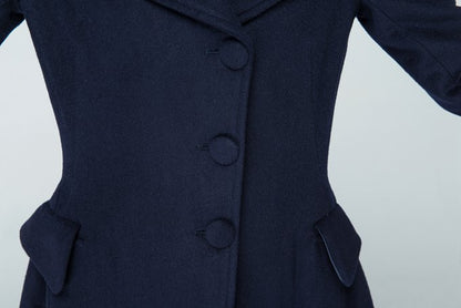 Xiaolizi Navy Fit and Flare Wool Coat for Women – Handmade High-Waist Vintage Winter Coat 1597