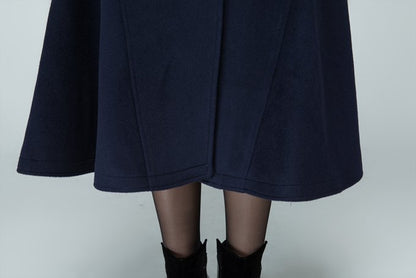 Xiaolizi Navy Fit and Flare Wool Coat for Women – Handmade High-Waist Vintage Winter Coat 1597