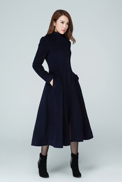 Classic Navy Wool Blend Coat – High Collar & Flowing Midi Silhouette 1605