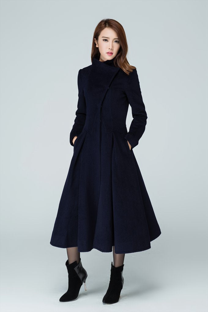 Long trench coat, navy coat, womens coats, swing coat 1605#