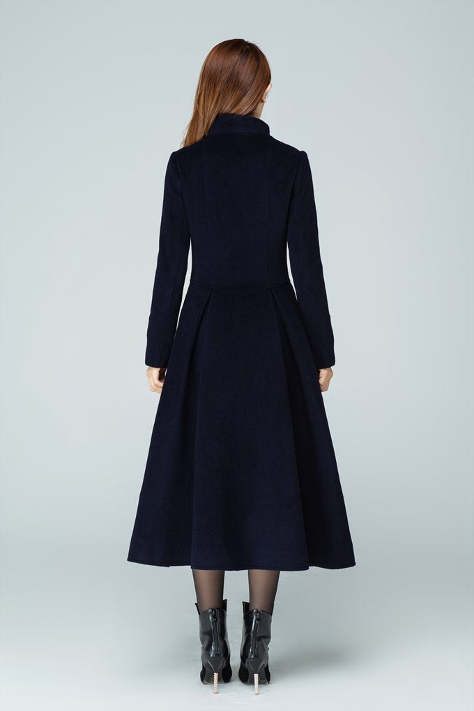 Long trench coat, navy coat, womens coats, swing coat 1605#