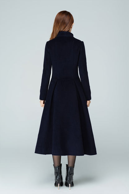Classic Navy Wool Blend Coat – High Collar & Flowing Midi Silhouette 1605