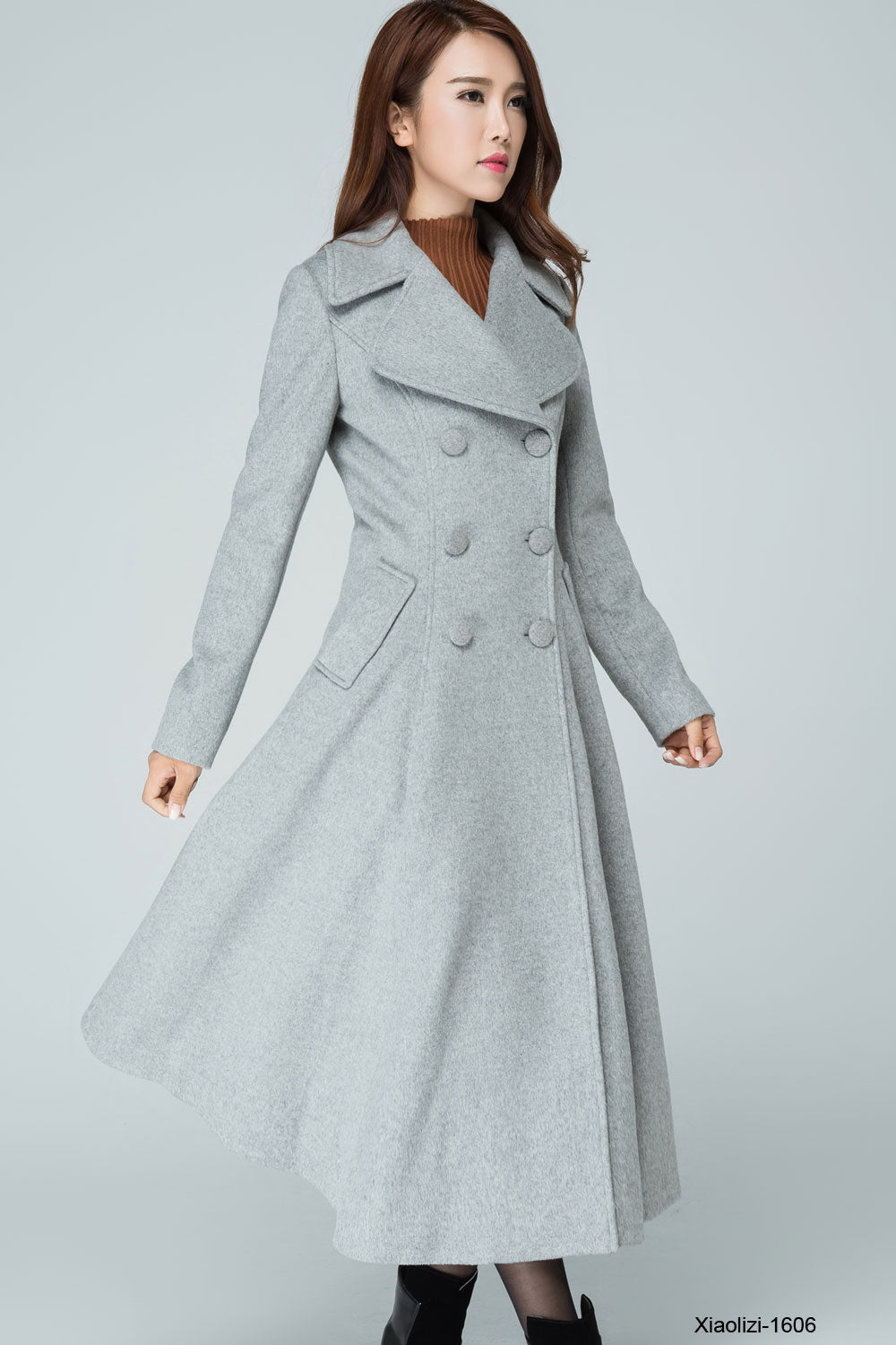 Gray wool outerwear, double breasted thrench coat for women 1606