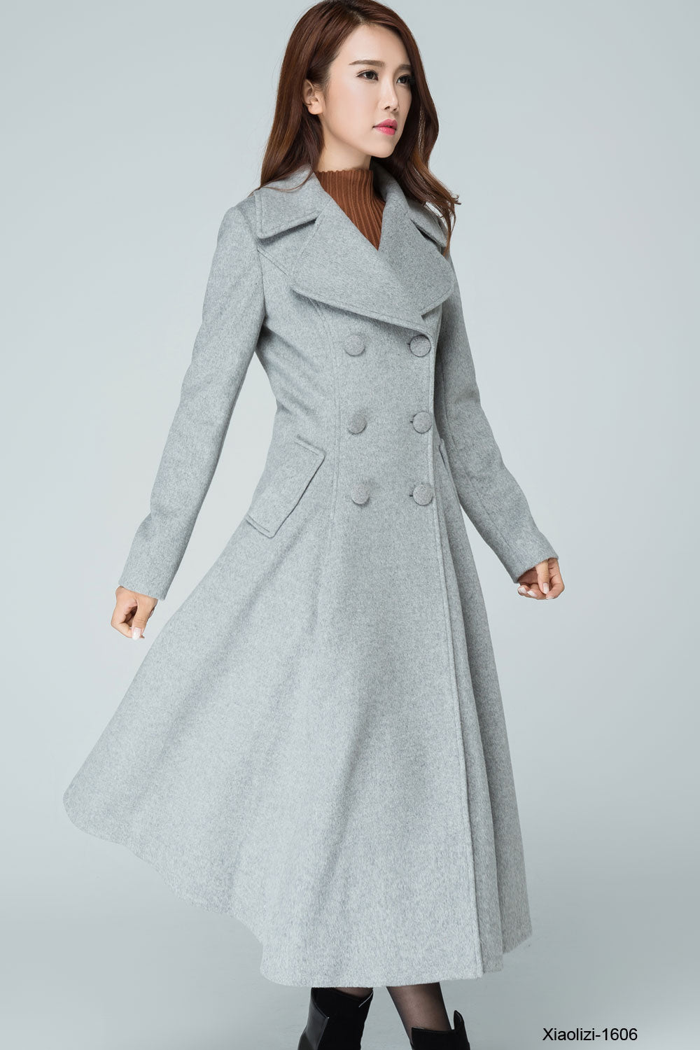 Double Breasted Wool Coat for Winter Women's Gray Wool