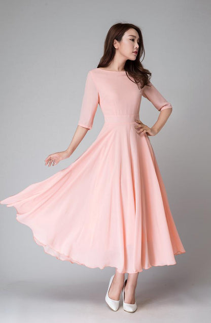Elbow length sleeves fit and flare Midi dress 1524#