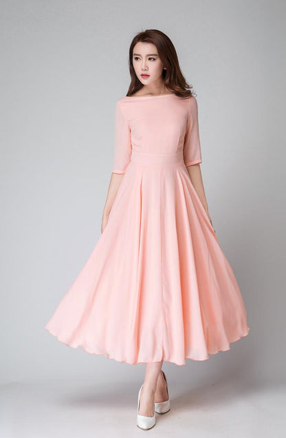 Elbow length sleeves fit and flare Midi dress 1524#