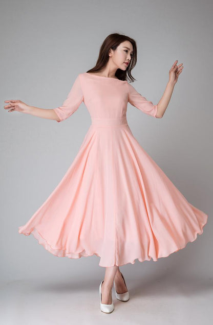 Elbow length sleeves fit and flare Midi dress 1524#
