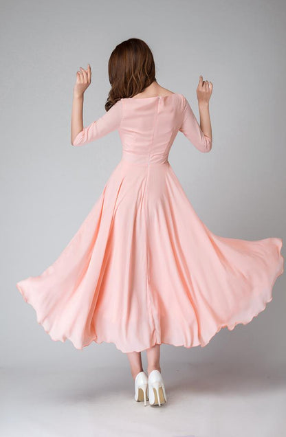 Elbow length sleeves fit and flare Midi dress 1524#
