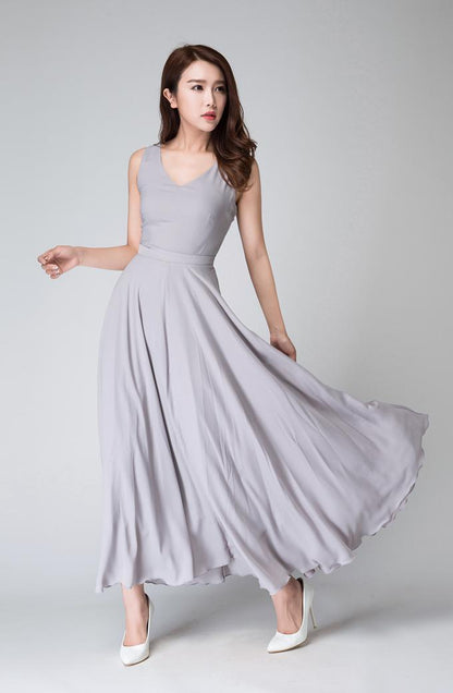 Gray Chiffon Maxi Dress - Sleeveless Fit and Flare 1525