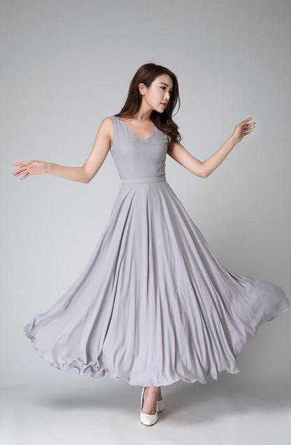 Gray Chiffon Maxi Dress - Sleeveless Fit and Flare 1525