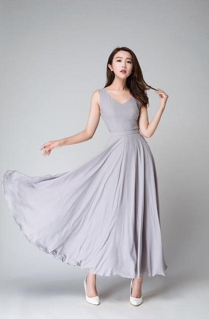 Gray Chiffon Maxi Dress - Sleeveless Fit and Flare 1525