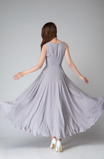Gray Chiffon Maxi Dress - Sleeveless Fit and Flare 1525