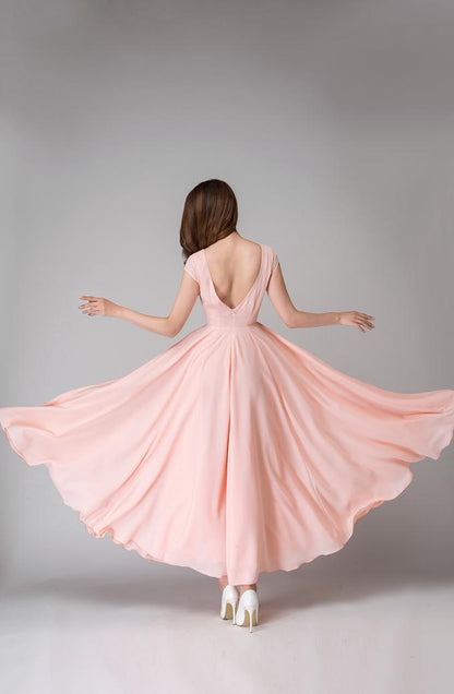 Blush Back V Neck Maxi Bridesmaid dress 1526