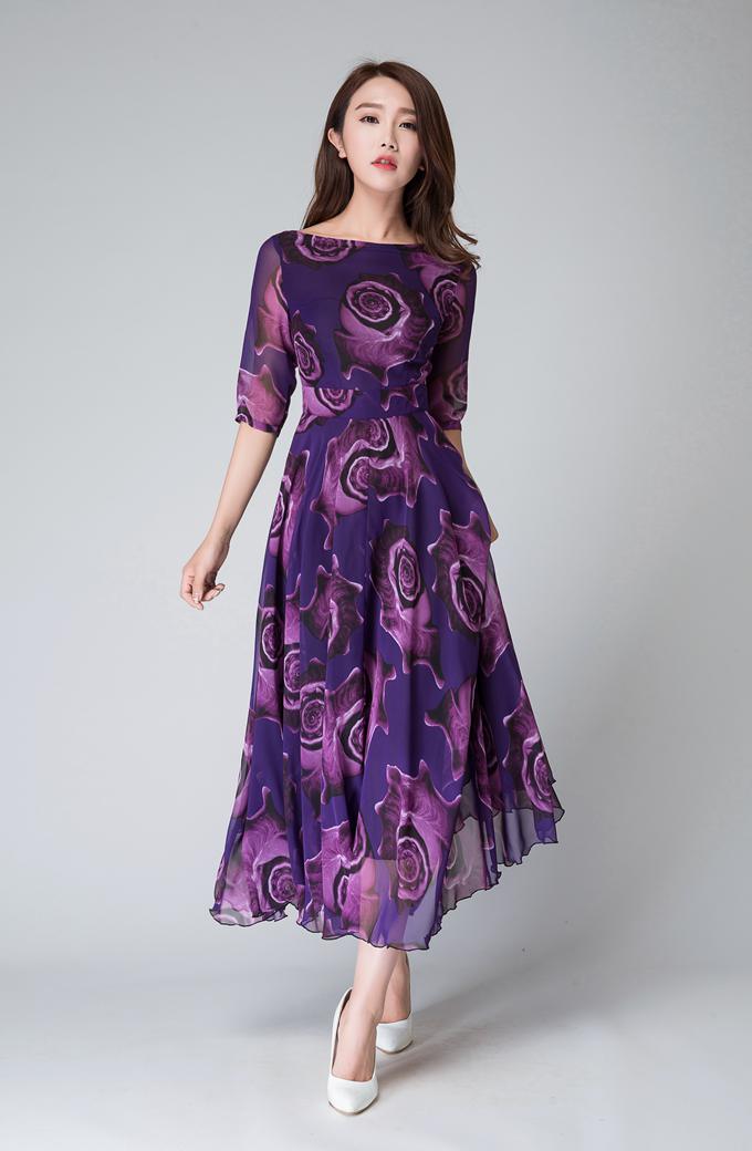 Purple Chiffon Maxi Dress with Floral Pattern and Fitted Waist Xiaolizi Purple Chiffon Maxi Dress with Floral Pattern and Fitted Waist Xiaolizi