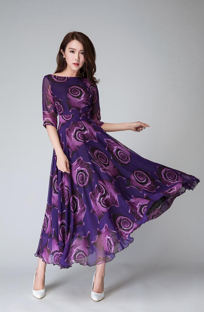 Purple Chiffon Maxi Dress with Floral Pattern and Fitted Waist Xiaolizi Purple Chiffon Maxi Dress with Floral Pattern and Fitted Waist Xiaolizi
