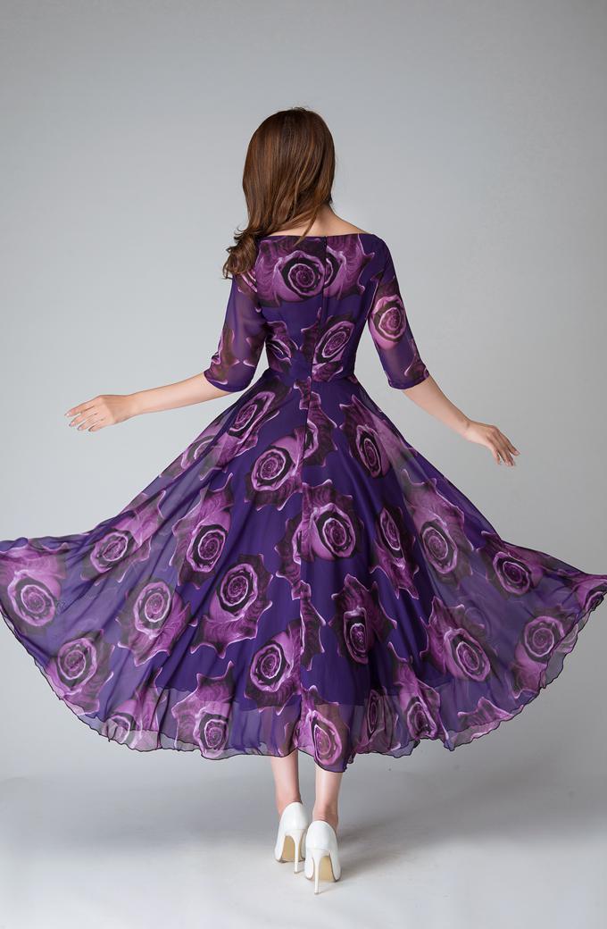 purple dress with flowers Purple Chiffon Maxi Dress with Floral Pattern and Fitted Waist – Xiaolizi
