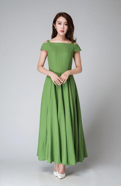 Green Linen Cotton Blend Maxi Dress - Cut-Out Neckline, Cold Shoulder 1531