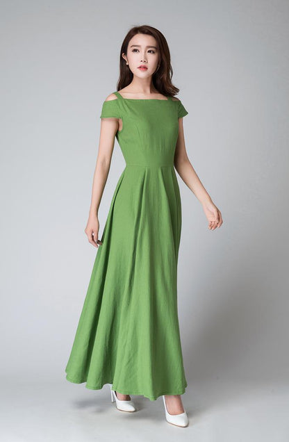 Green Linen Cotton Blend Maxi Dress - Cut-Out Neckline, Cold Shoulder 1531