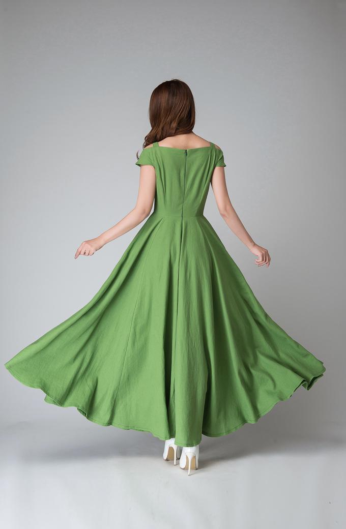 Green Linen Cotton Maxi Dress with Cut-Out Neckline and Cold Shoulder – Xiaolizi