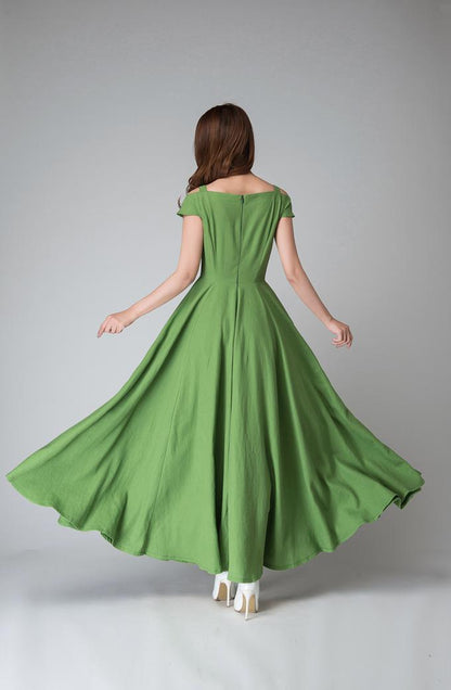 Green Linen Cotton Blend Maxi Dress - Cut-Out Neckline, Cold Shoulder 1531